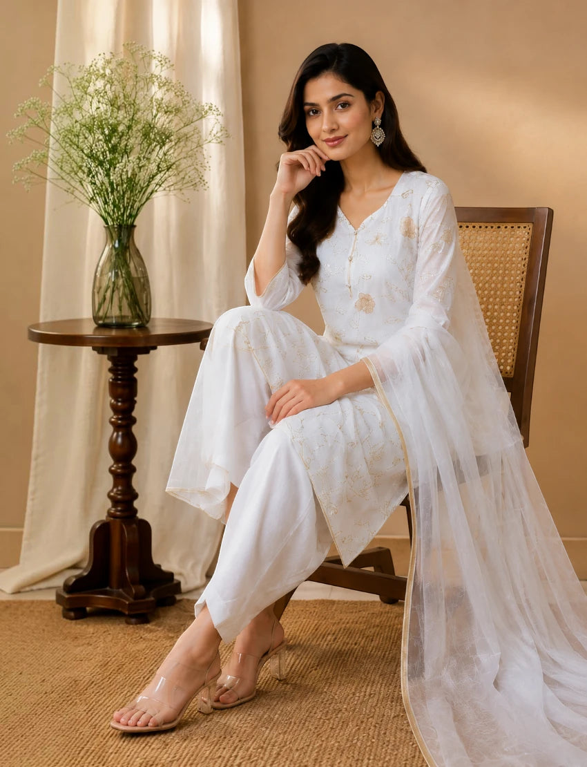 White Floral Embroidered Kurta Set