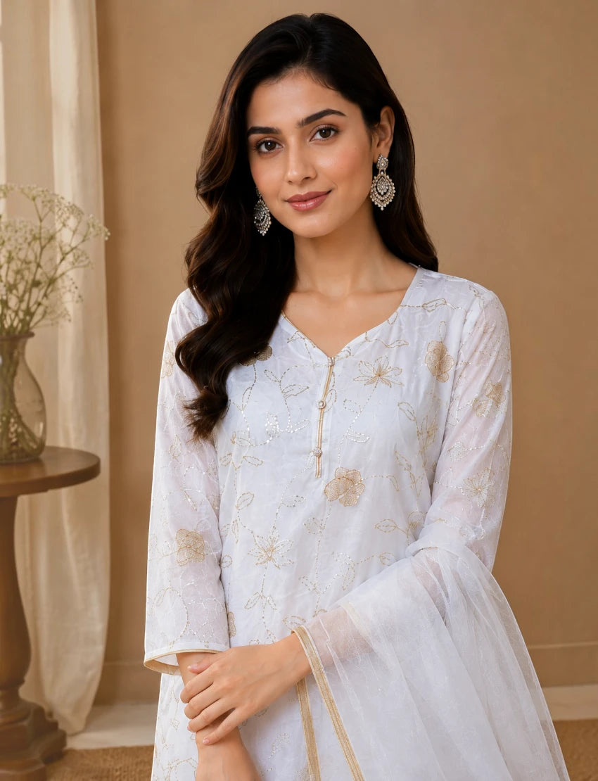 White Floral Embroidered Kurta Set