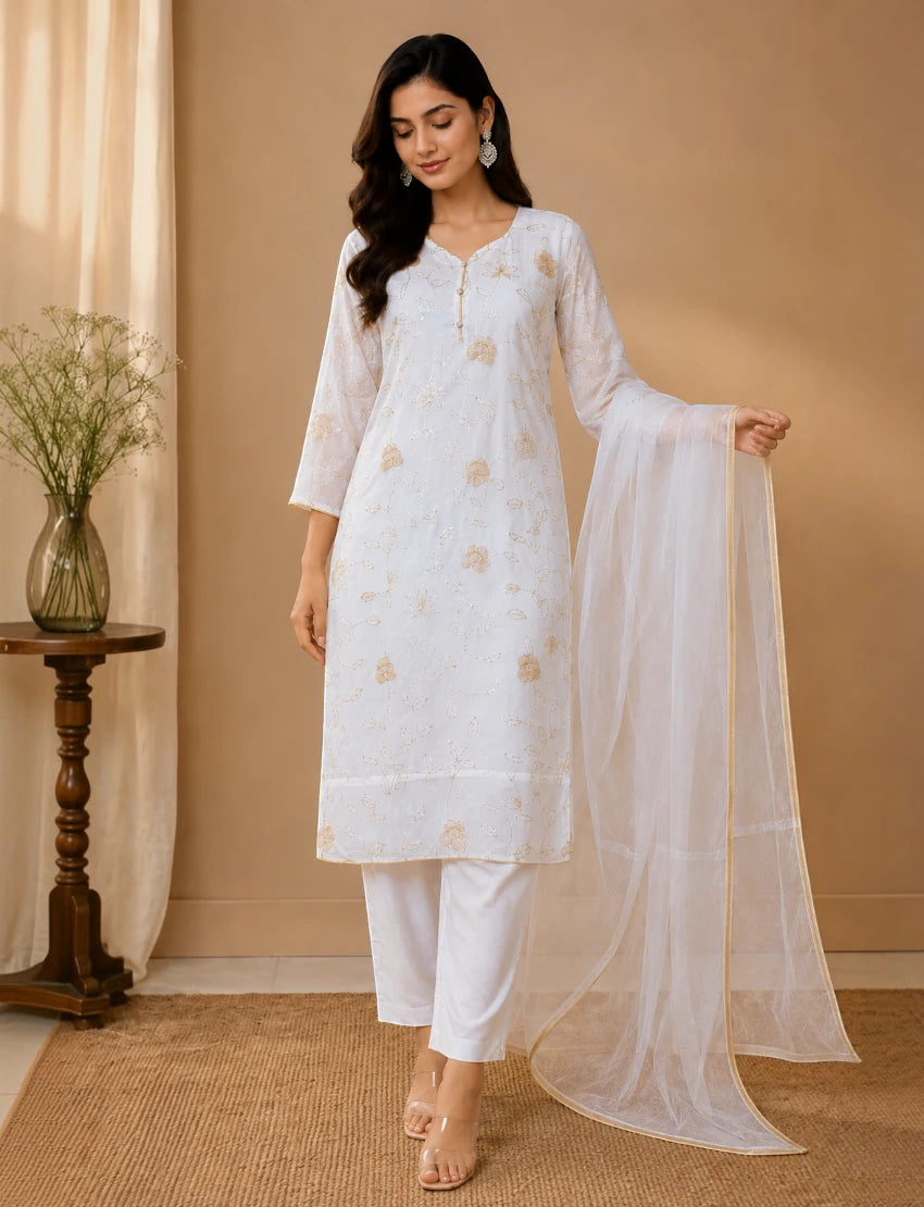 White Floral Embroidered Kurta Set