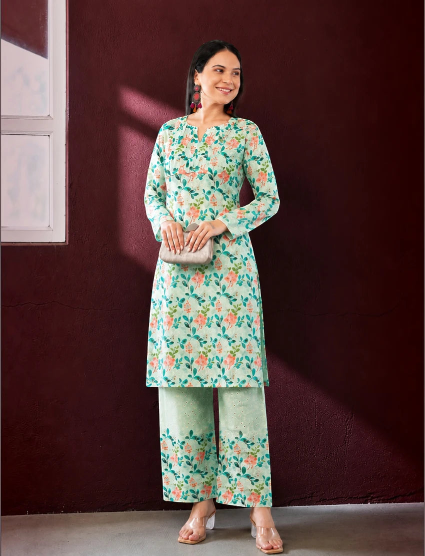 Green Cotton Chikankari Salwar Suit Set - Without Dupatta