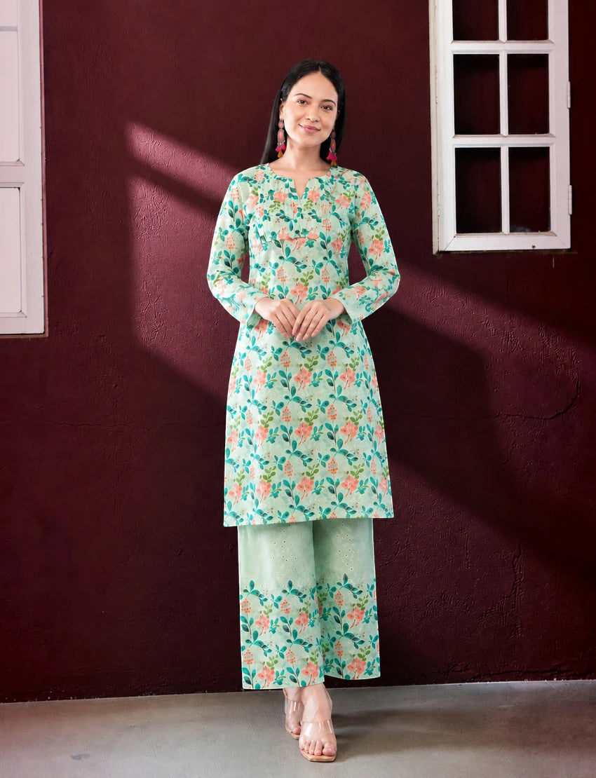 Green Cotton Chikankari Salwar Suit Set - Without Dupatta