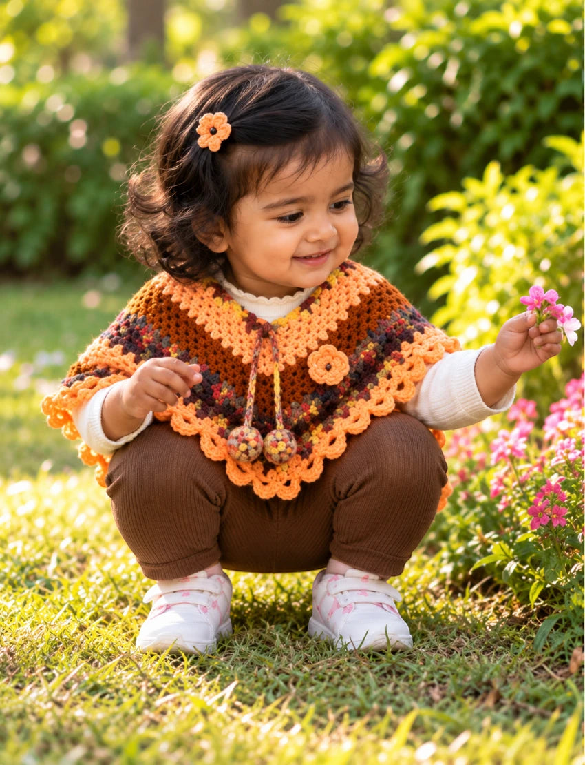[3-4 Years] Kids Handknitted Woolen Poncho, Brown and Orange Multi-Color Pattern