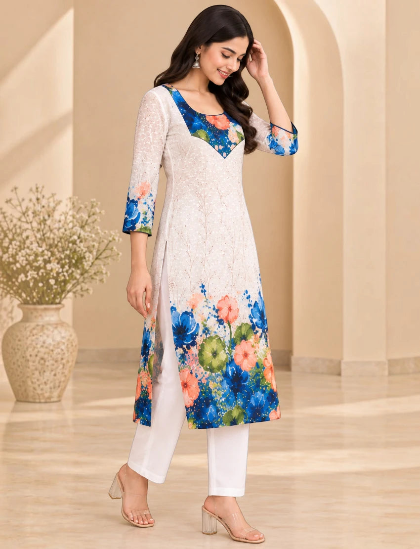Pure Cotton Embroidered Kurta Set Off White Floral