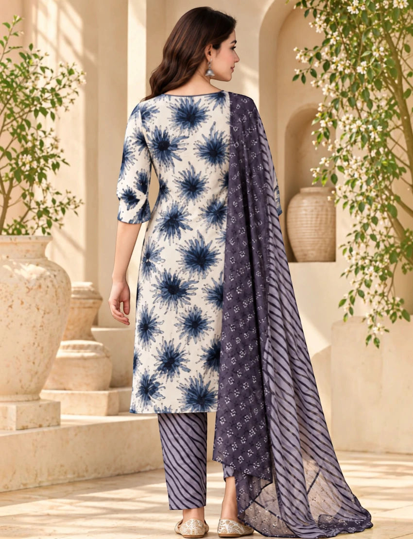 Pure Cotton Salwar Suit Set for Women, White/Blue