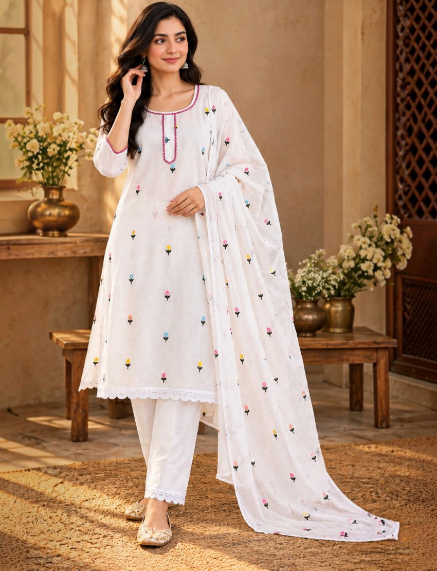 Embroidered Chiffon Salwar Suit Set, White, Floral