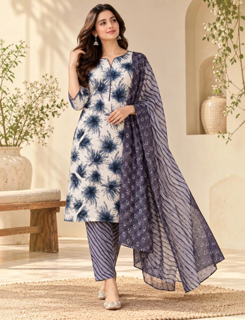Pure Cotton Salwar Suit Set for Women, White/Blue