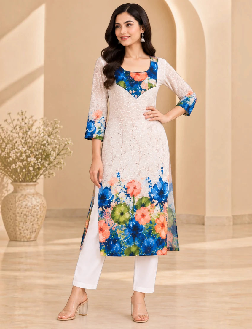 Pure Cotton Embroidered Kurta Set Off White Floral