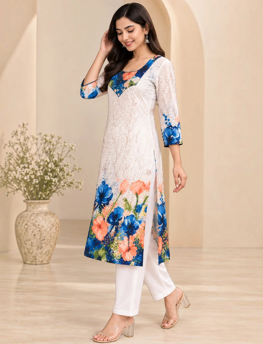 Pure Cotton Embroidered Kurta Set Off White Floral