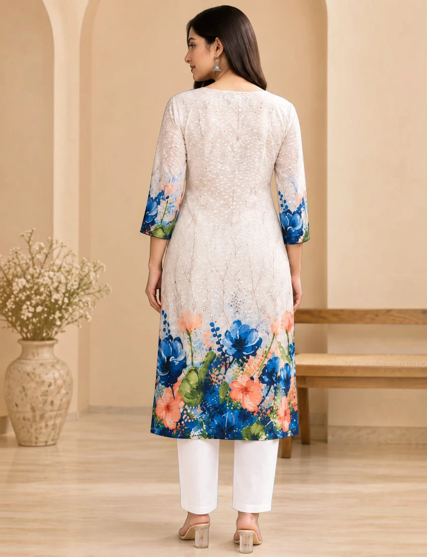 Pure Cotton Embroidered Kurta Set Off White Floral