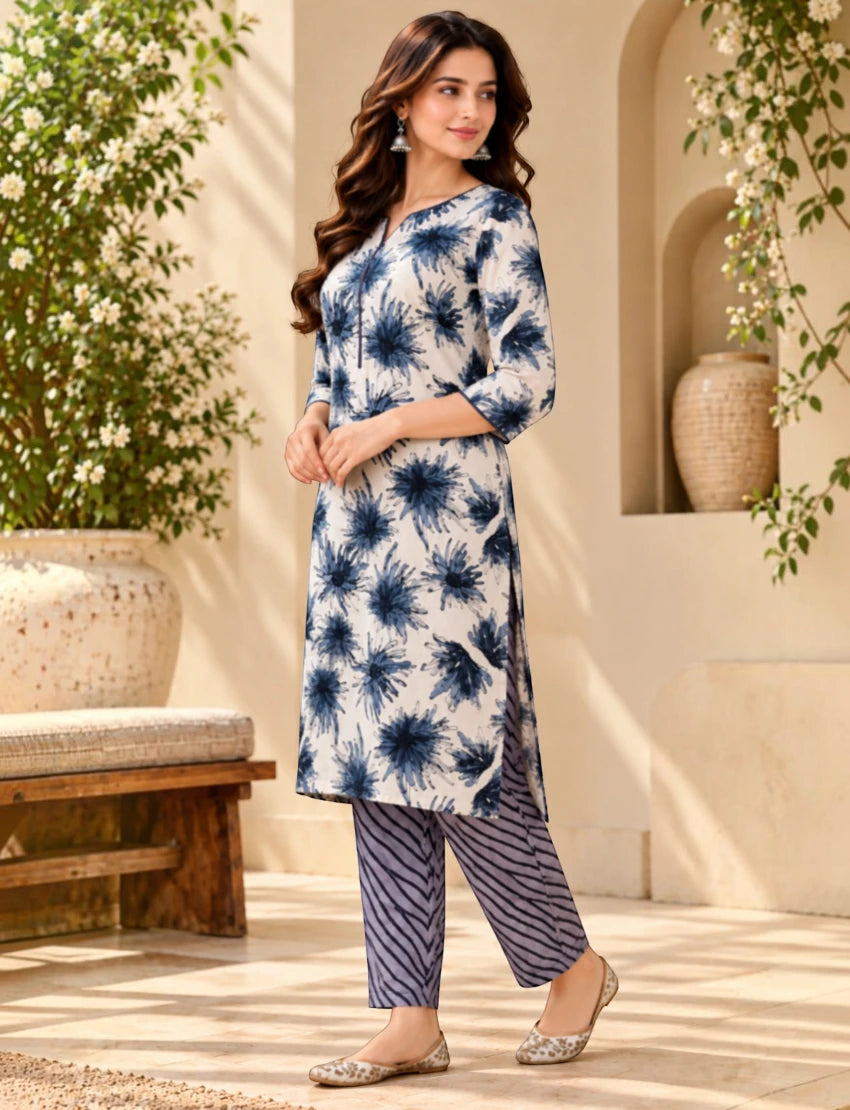 Pure Cotton Salwar Suit Set for Women, White/Blue