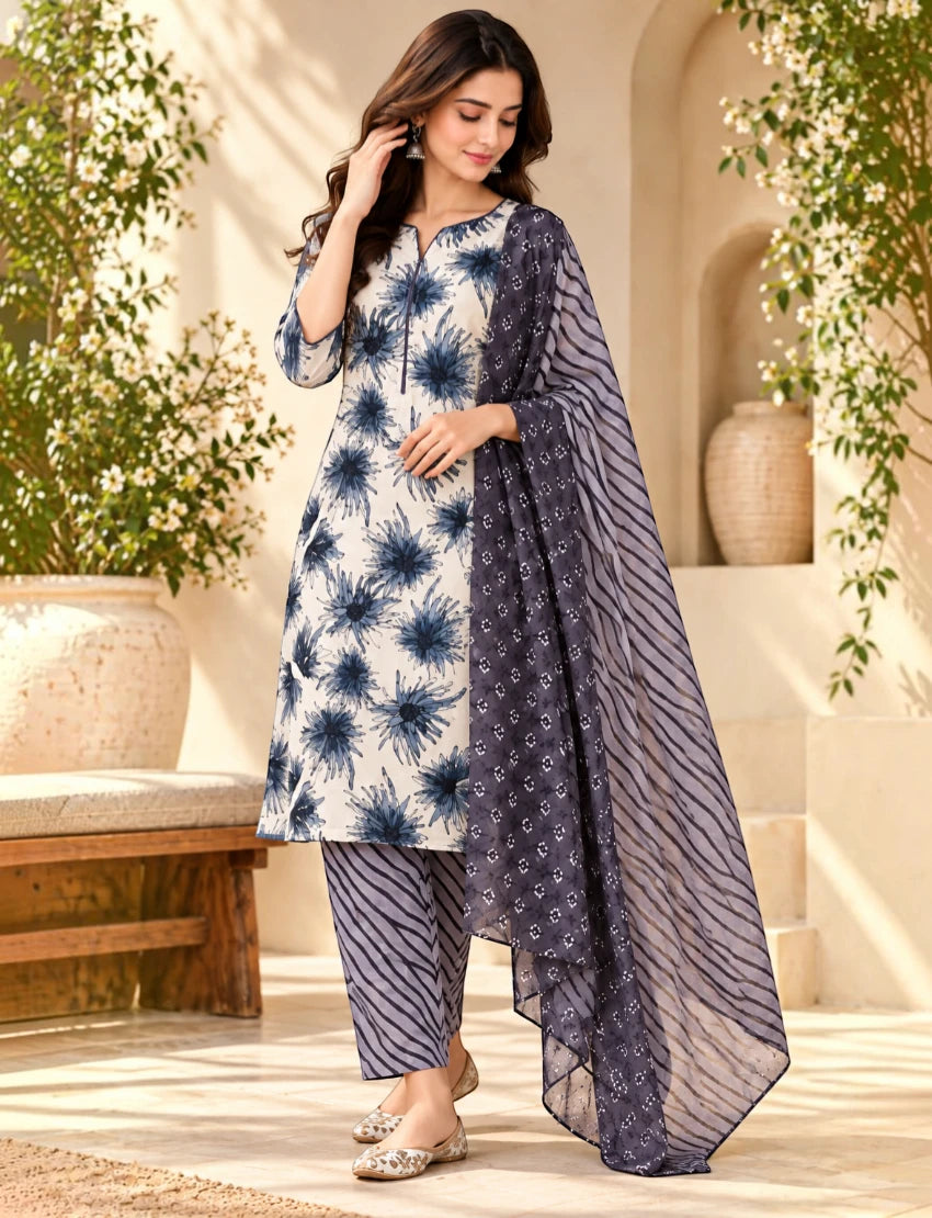 Pure Cotton Salwar Suit Set for Women, White/Blue