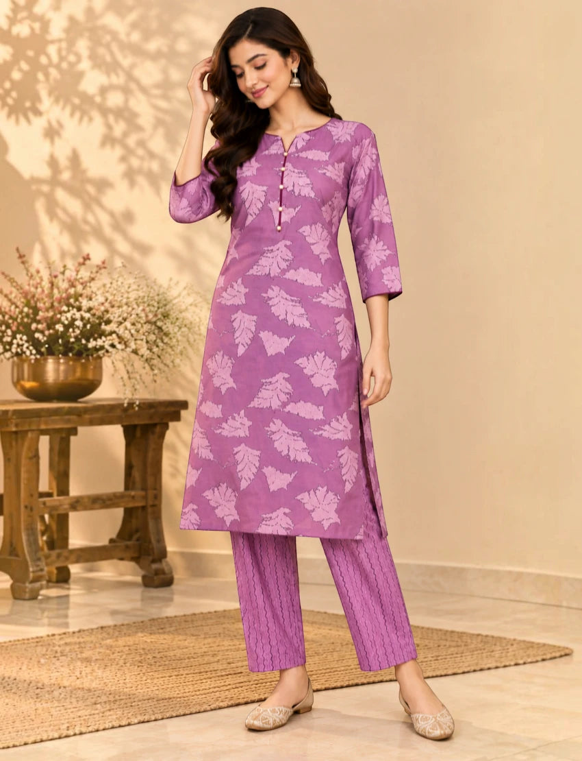 Purple Printed Kurta Set with Trousers