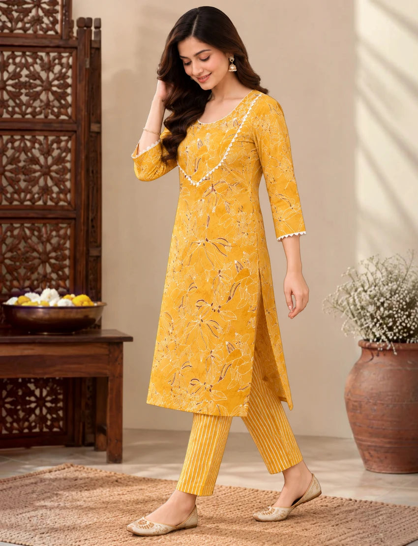 Yellow Cotton Kurta Set with Floral Print