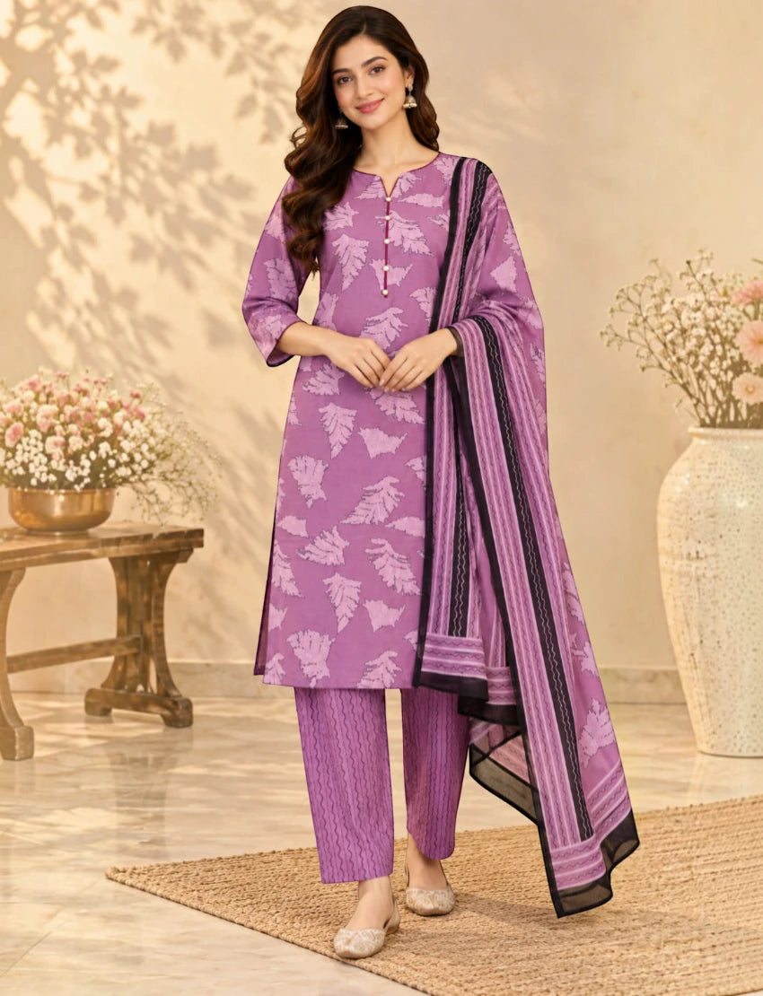 Purple Printed Kurta Set with Trousers