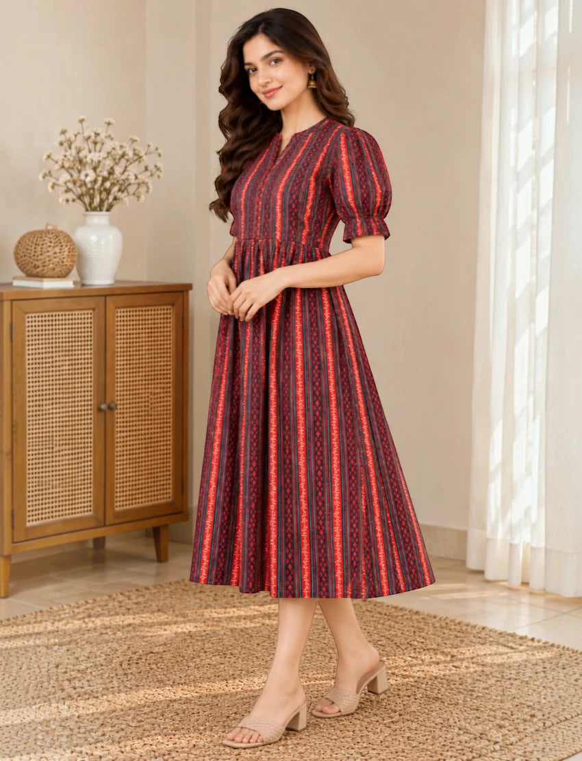 Women's Printed Fit & Flare Midi Dress with Puff Sleeves