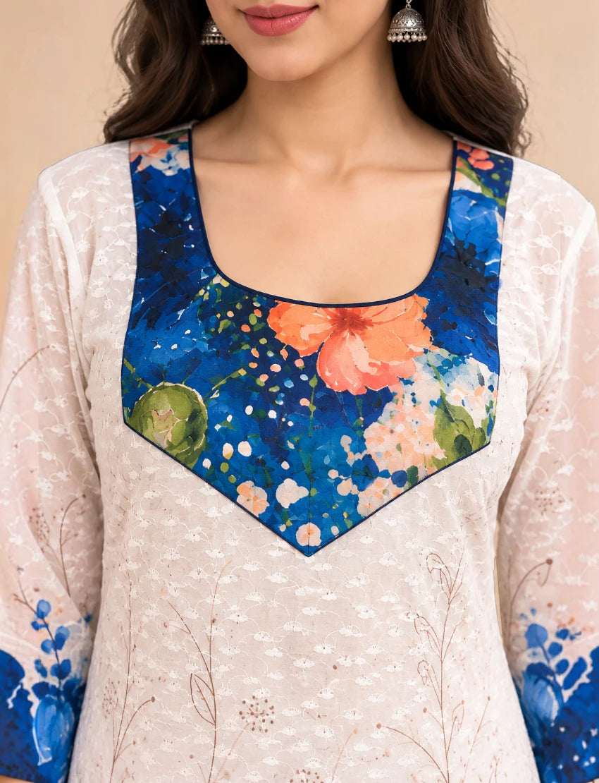 Pure Cotton Embroidered Kurta Set Off White Floral