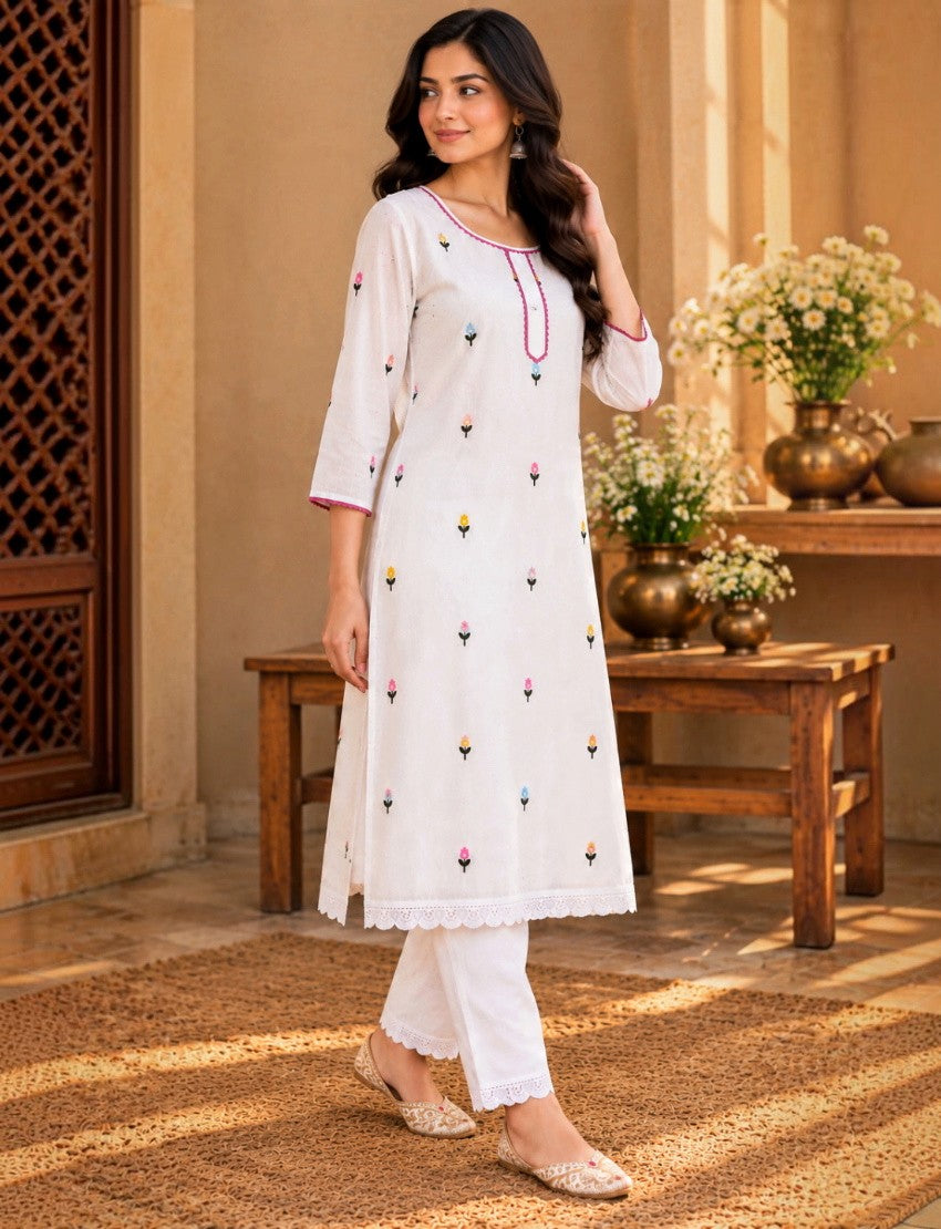 Embroidered Chiffon Salwar Suit Set, White, Floral