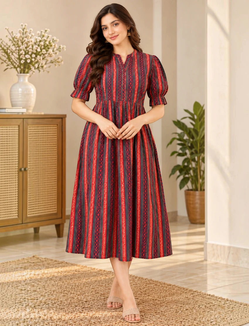 Women's Printed Fit & Flare Midi Dress with Puff Sleeves