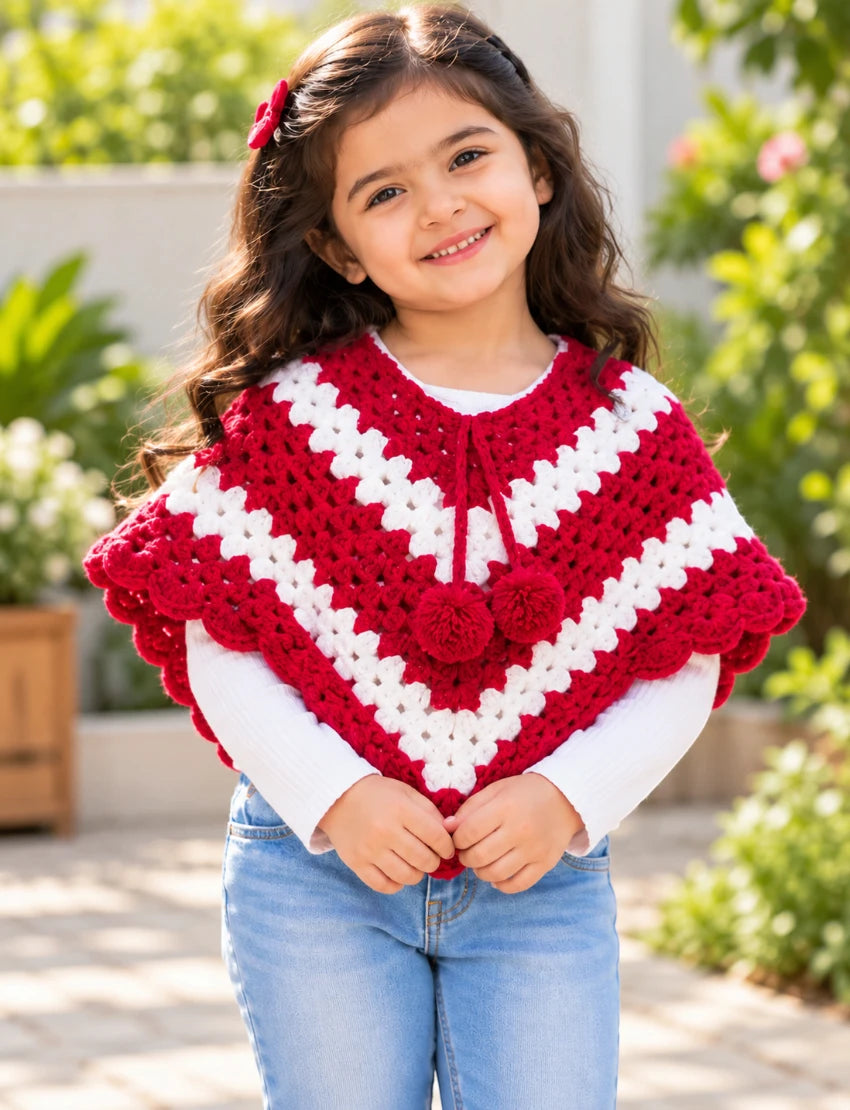 [3-4 Years] Kids Handknitted Red and White Woolen Poncho, Crochet Pattern