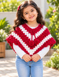 [3-4 Years] Kids Handknitted Red and White Woolen Poncho, Crochet Pattern