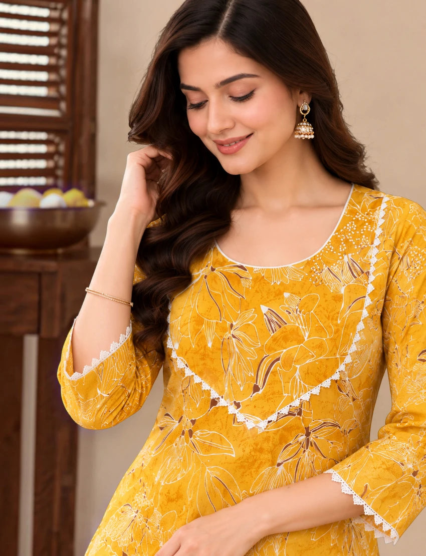 Yellow Cotton Kurta Set with Floral Print