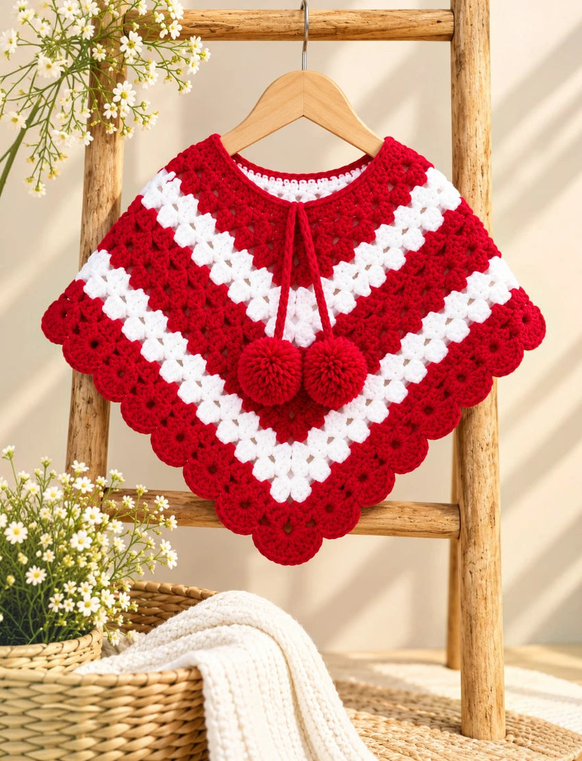 [3-4 Years] Kids Handknitted Red and White Woolen Poncho, Crochet Pattern