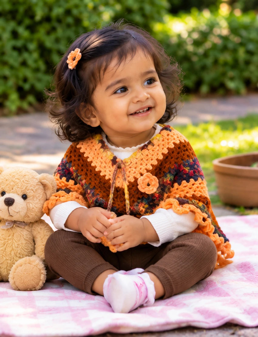 [3-4 Years] Kids Handknitted Woolen Poncho, Brown and Orange Multi-Color Pattern