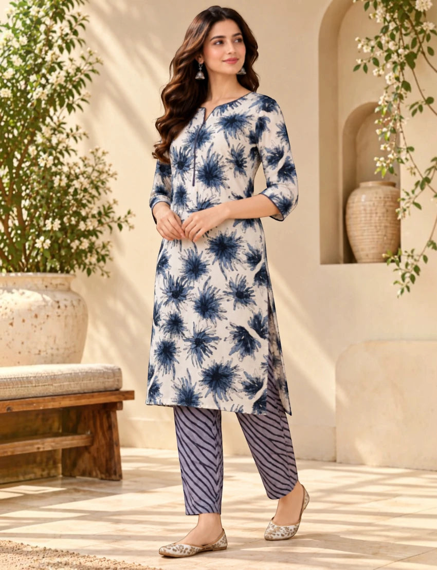 Pure Cotton Salwar Suit Set for Women, White/Blue