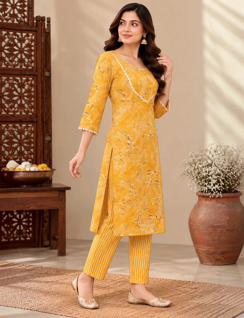 Yellow Cotton Kurta Set with Floral Print