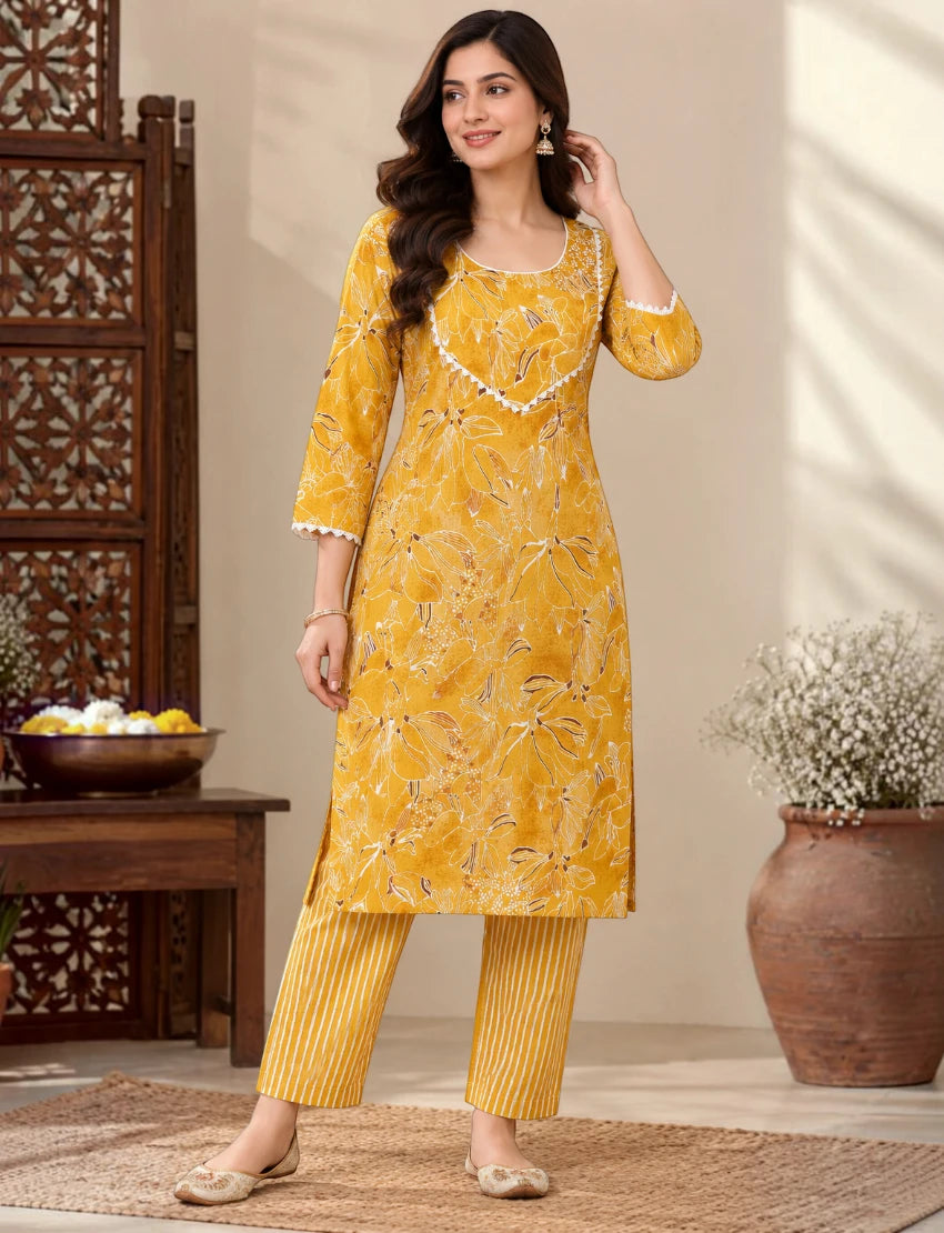 Yellow Cotton Kurta Set with Floral Print