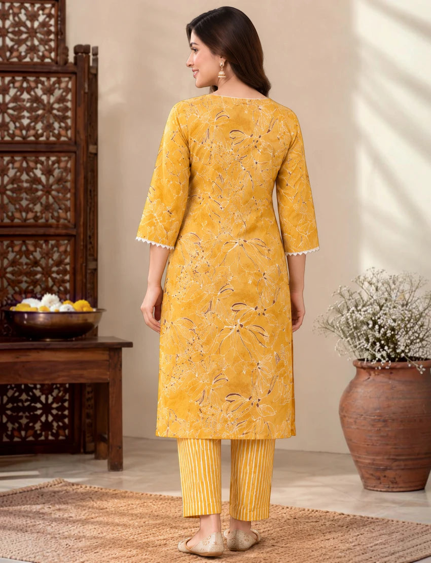 Yellow Cotton Kurta Set with Floral Print