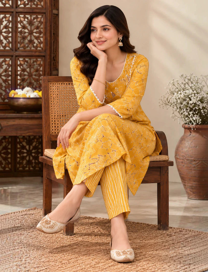 Yellow Cotton Kurta Set with Floral Print