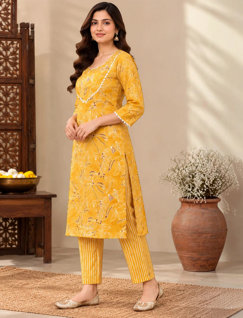 Yellow Cotton Kurta Set with Floral Print