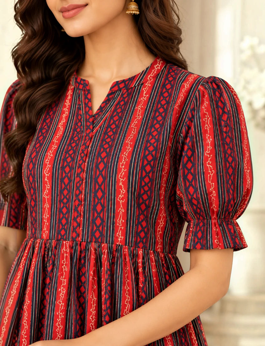 Women's Printed Fit & Flare Midi Dress with Puff Sleeves