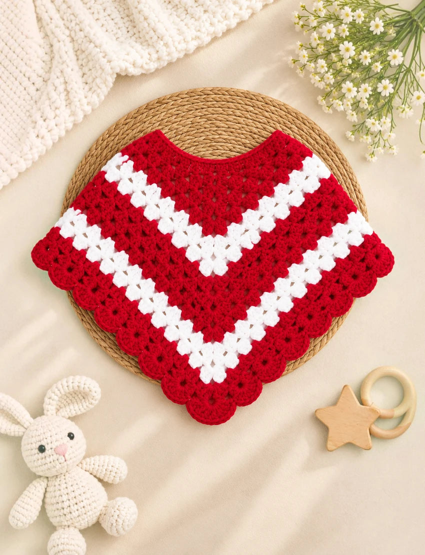 [3-4 Years] Kids Handknitted Red and White Woolen Poncho, Crochet Pattern