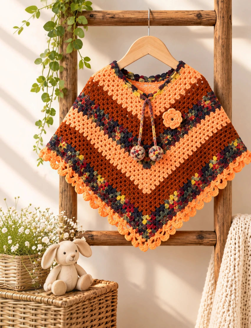 [3-4 Years] Kids Handknitted Woolen Poncho, Brown and Orange Multi-Color Pattern