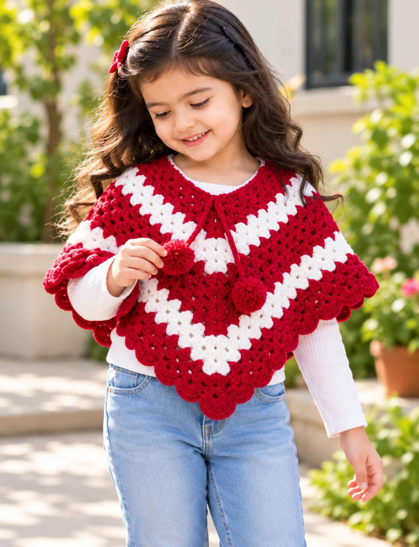 [3-4 Years] Kids Handknitted Red and White Woolen Poncho, Crochet Pattern