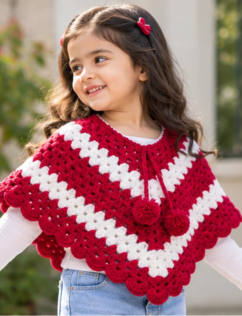 [3-4 Years] Kids Handknitted Red and White Woolen Poncho, Crochet Pattern