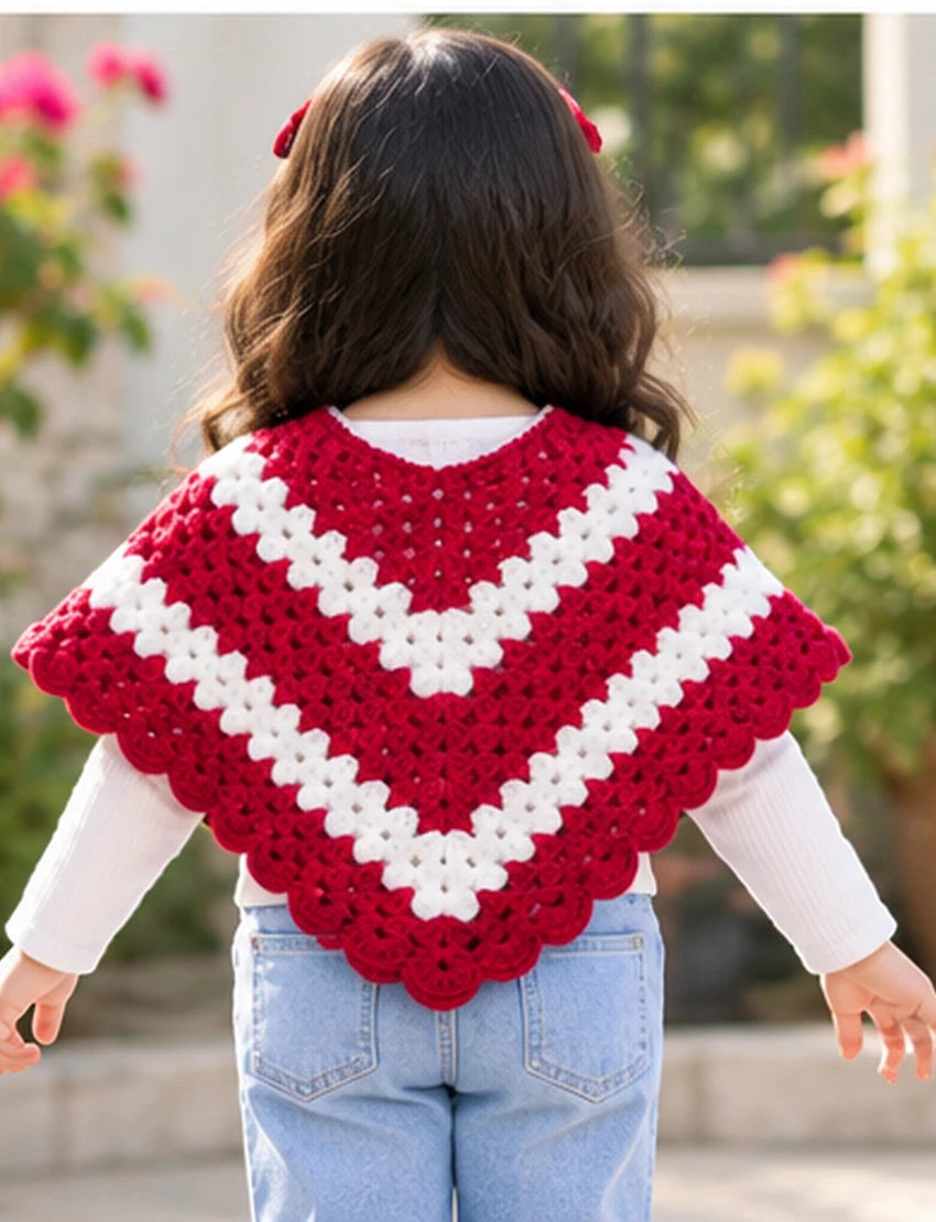 [3-4 Years] Kids Handknitted Red and White Woolen Poncho, Crochet Pattern