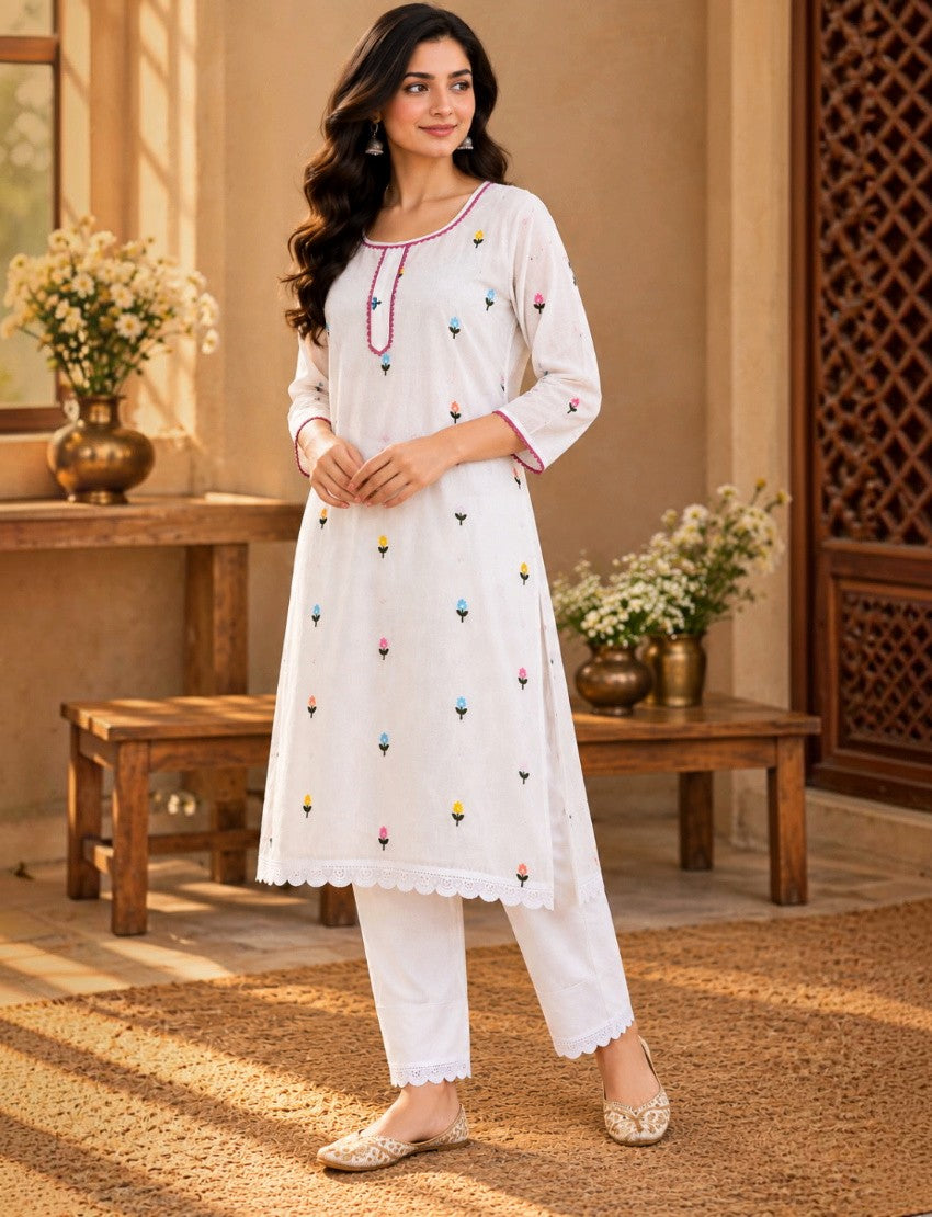 Embroidered Chiffon Salwar Suit Set, White, Floral