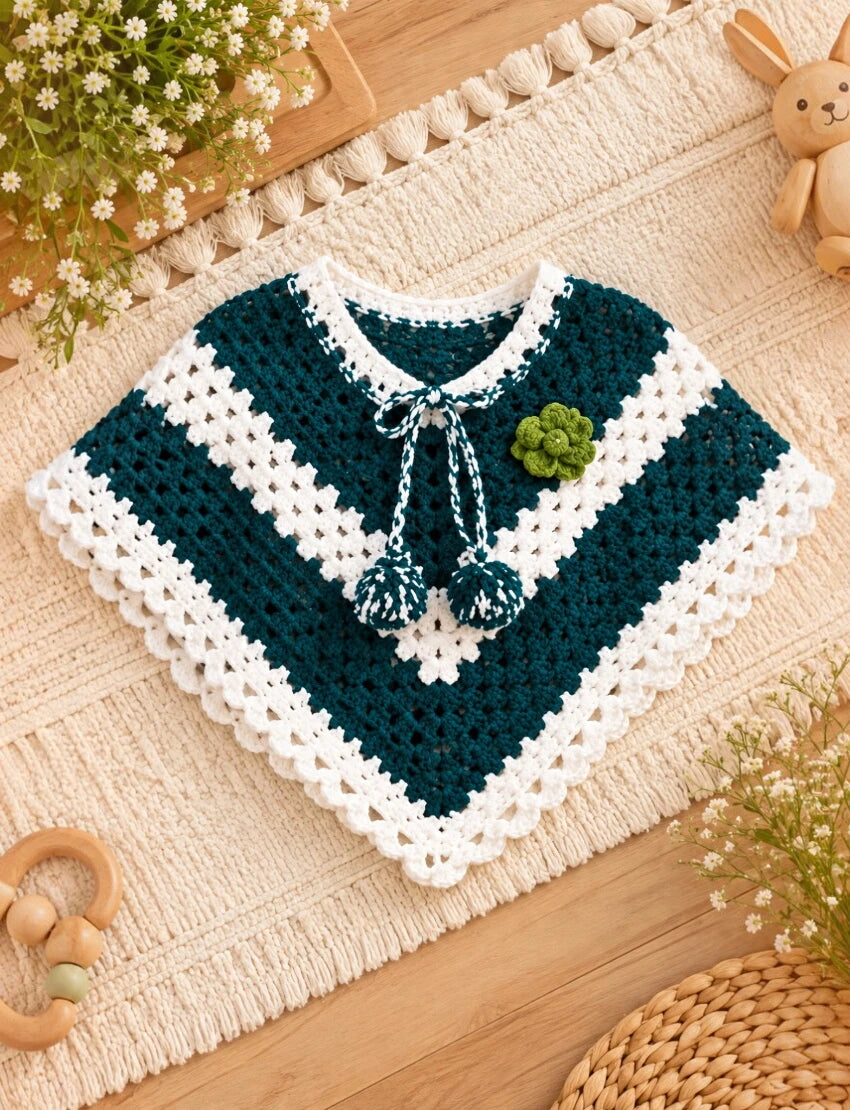 [3-4 Years] Handknitted Kids Woolen Poncho, Dark Green and White