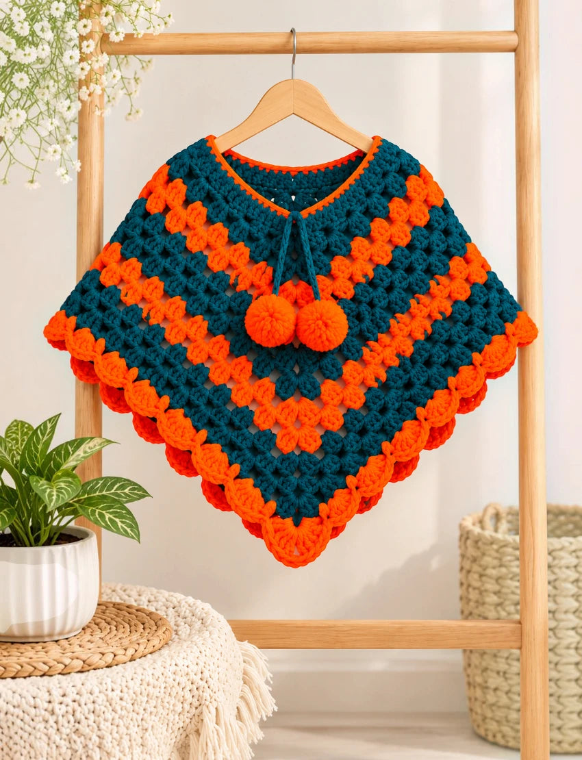 [3-4 Years] Handknitted Woolen Kids Poncho, Teal and Orange