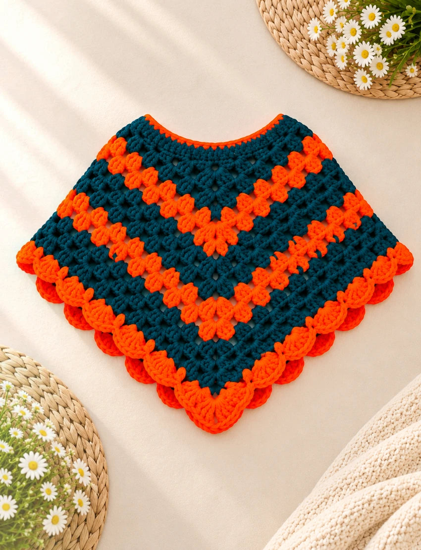 [3-4 Years] Handknitted Woolen Kids Poncho, Teal and Orange