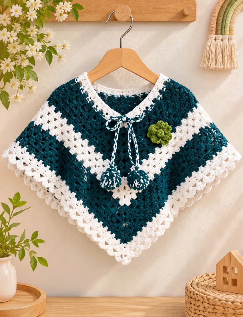 [3-4 Years] Handknitted Kids Woolen Poncho, Dark Green and White