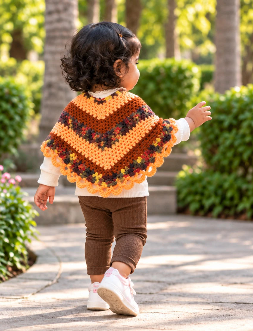 [3-4 Years] Kids Handknitted Woolen Poncho, Brown and Orange Multi-Color Pattern