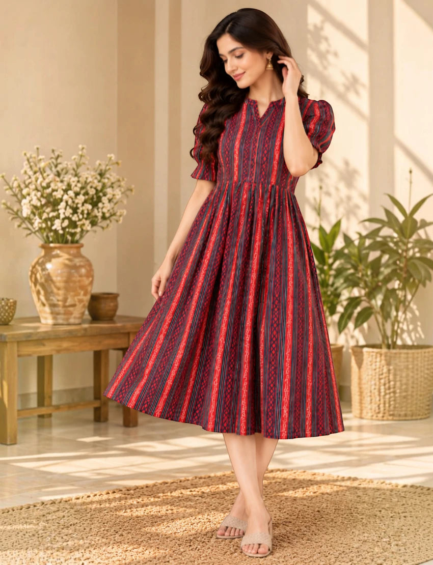 Women's Printed Fit & Flare Midi Dress with Puff Sleeves