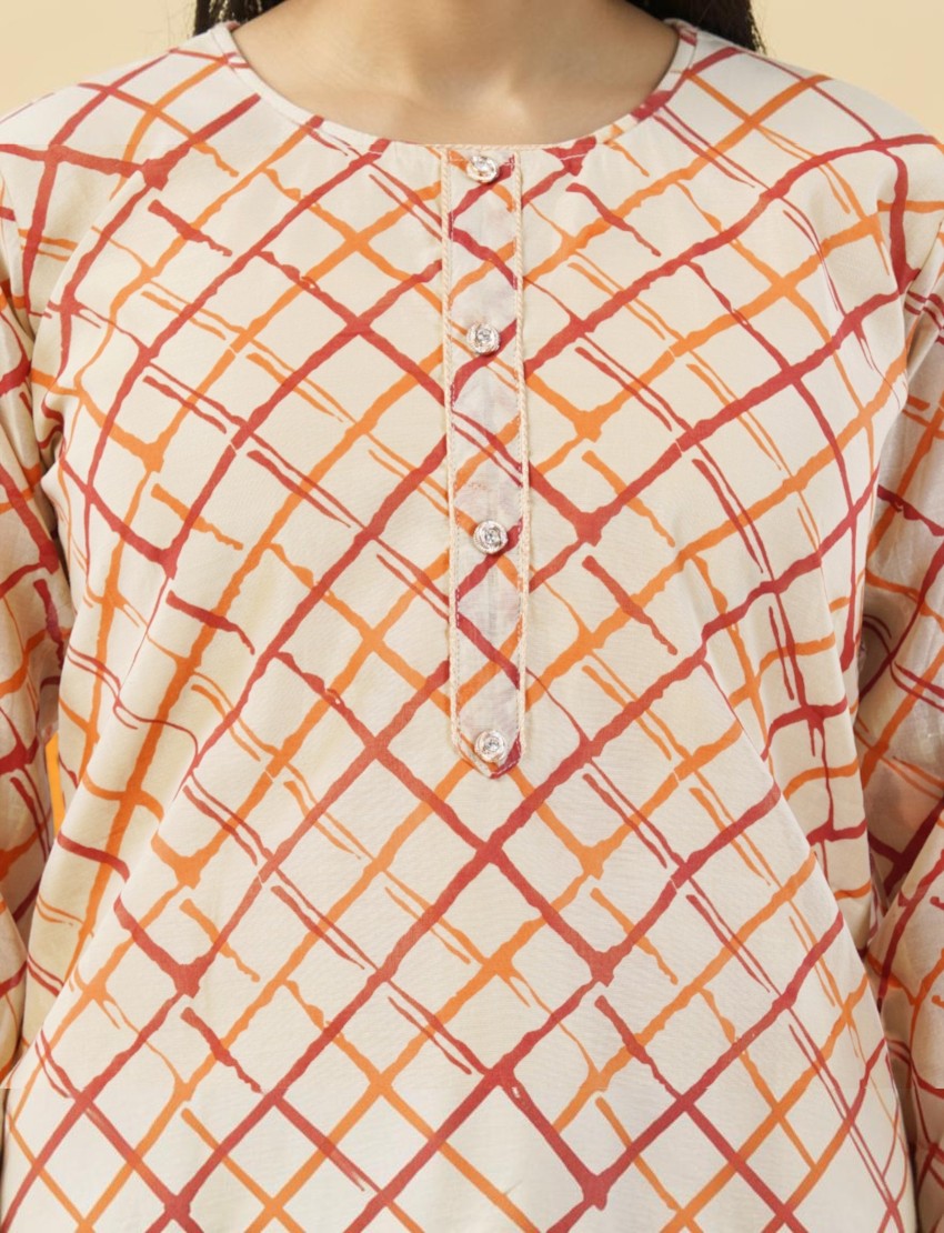 Eelika beige and orange checkered organza salwar suit top with round neck and button detail