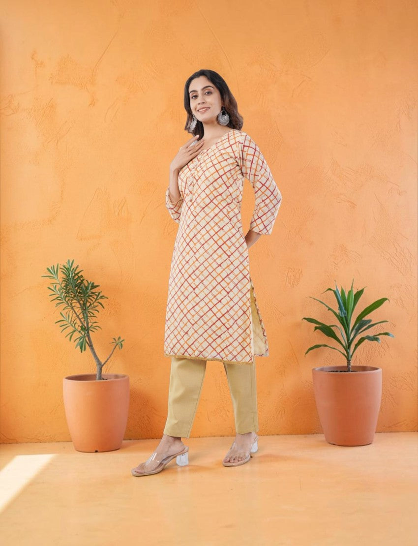 Eelika beige and orange checkered organza calf-length kurta with cotton trousers and 3/4th sleeves