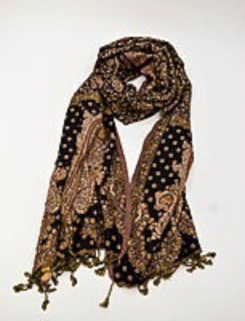 Eelika black and gold wool viscose blend stole featuring an intricate paisley pattern and decorative end tassels.