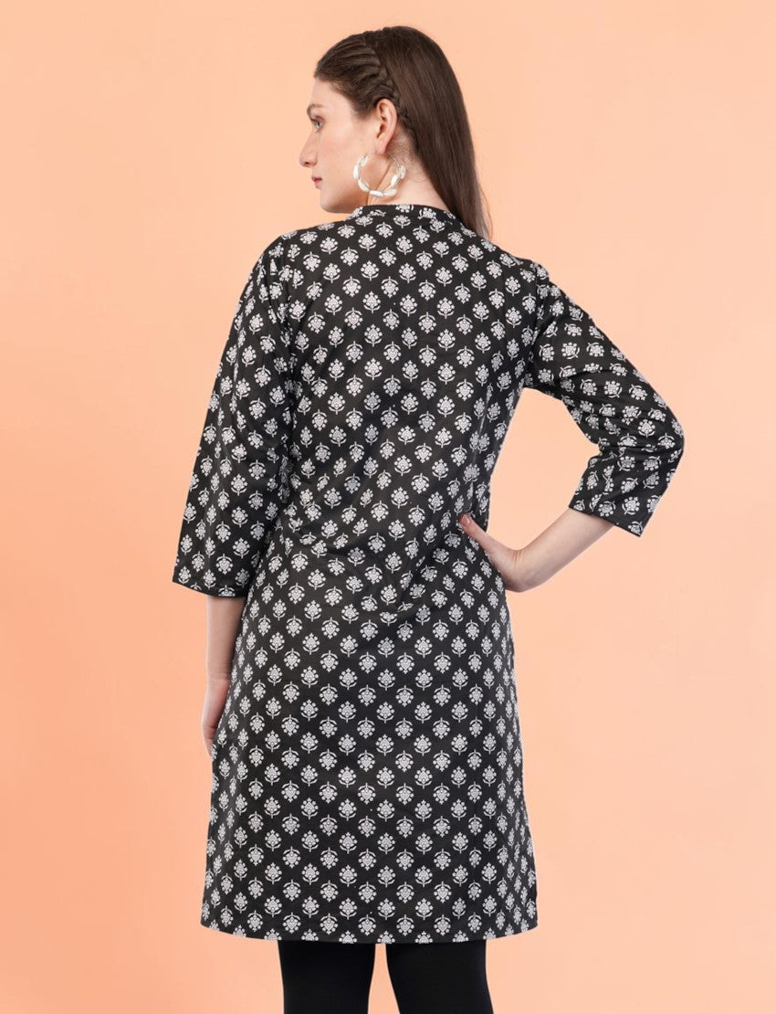 Eelika women's black and white floral cotton kurti with 3/4 sleeves and mandarin collar, back view